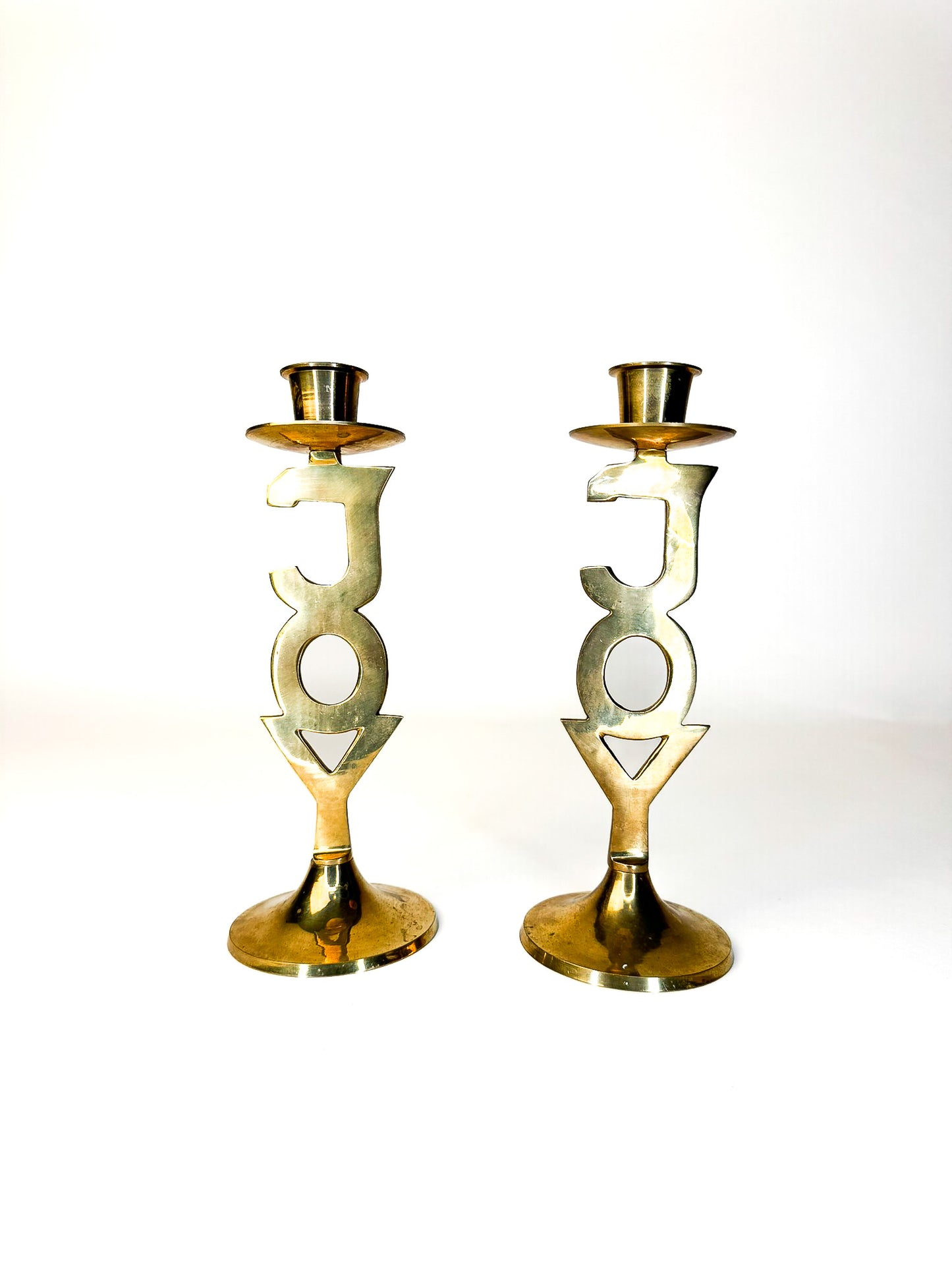 Joy brass candlesticks pair