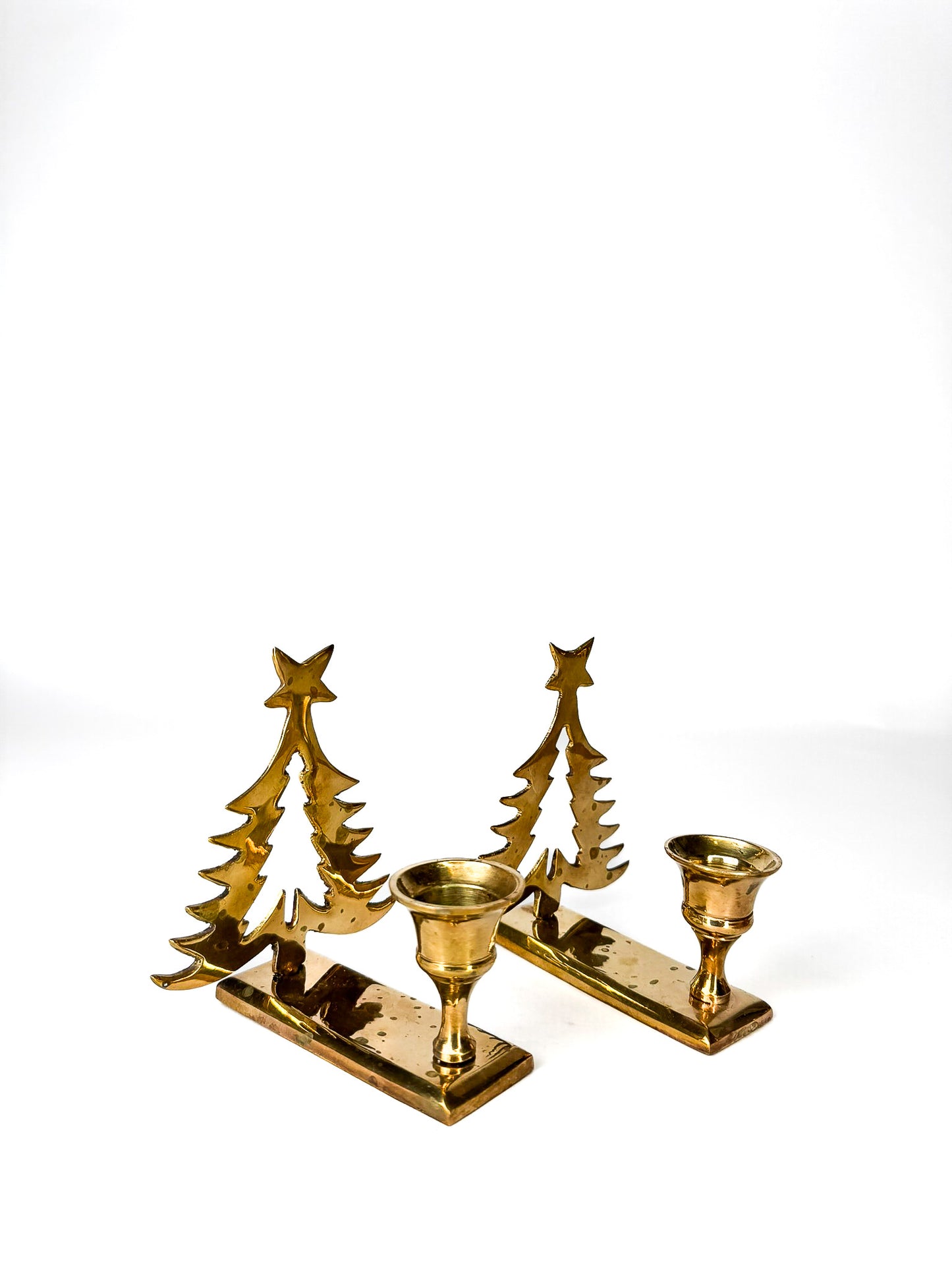 Brass Pair of Christmas Tree Taper Candle Holders