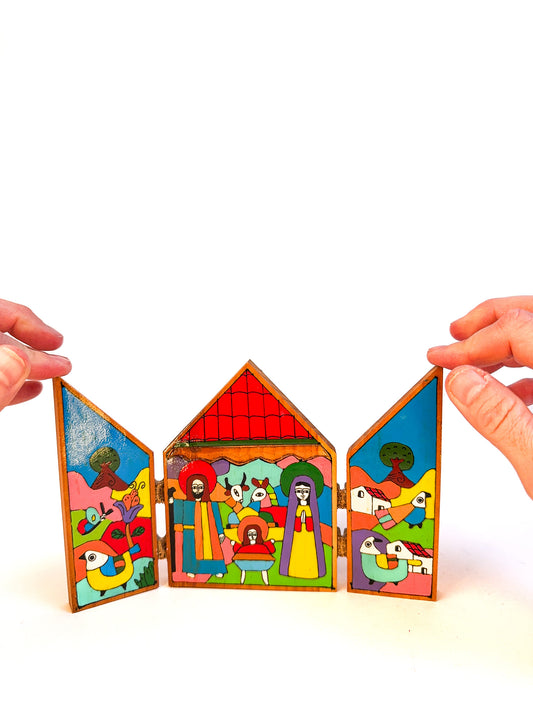 Wooden Triptych Nativity Scene Folk Art