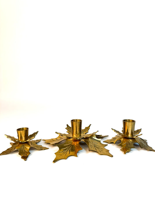 Brass Holly Taper Candle Holders - Set of 3